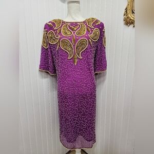Elegant Purple and Gold Beaded Dress Midnight Run Vintage XL